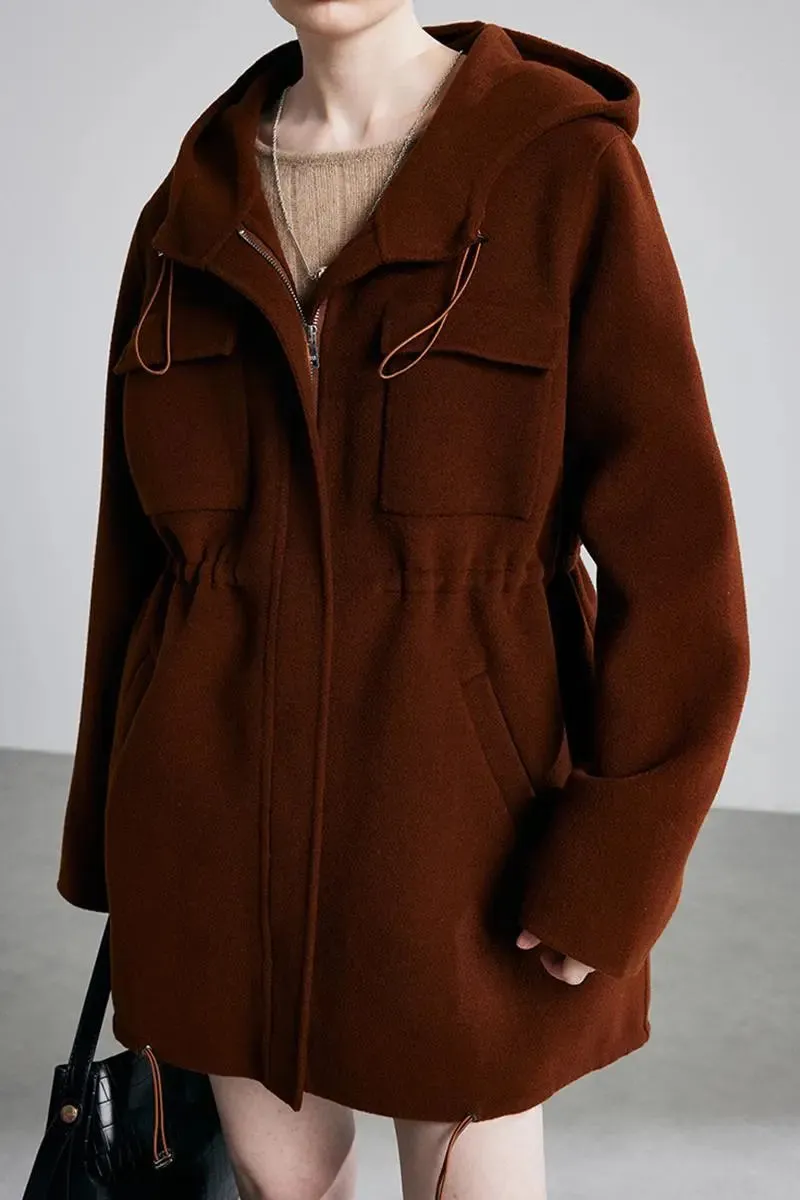 100 Wool Zip Front Double Faced Coat with Hood