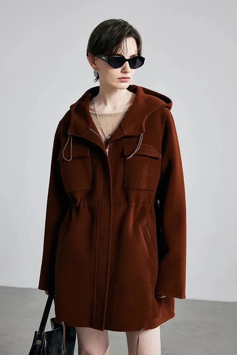 100 Wool Zip Front Double Faced Coat with Hood