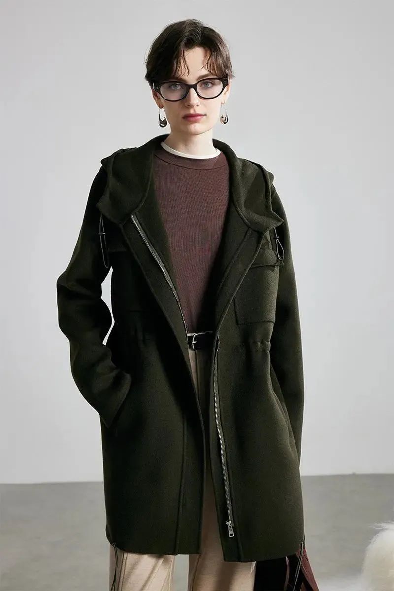 100 Wool Zip Front Double Faced Coat with Hood