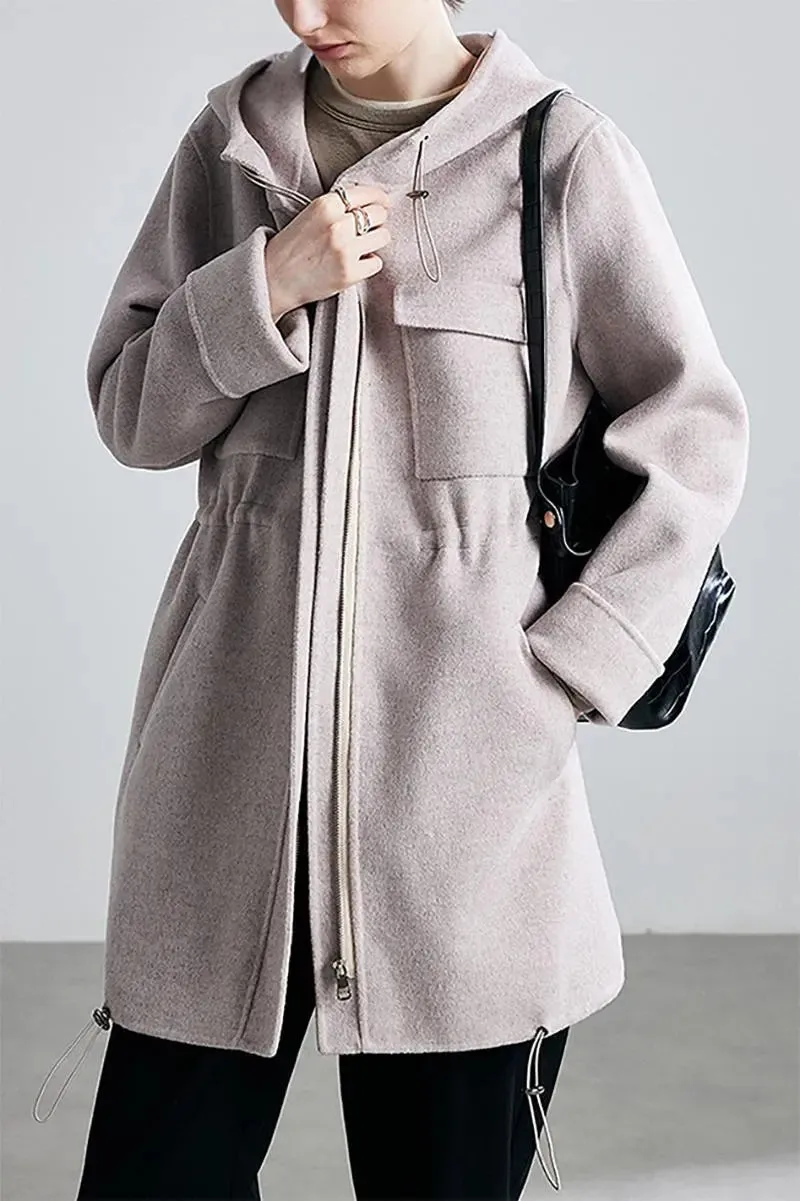 100 Wool Zip Front Double Faced Coat with Hood