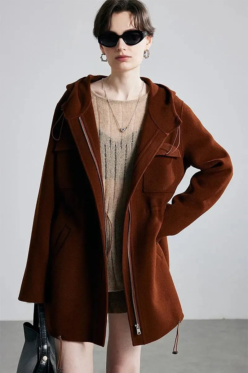 100 Wool Zip Front Double Faced Coat with Hood