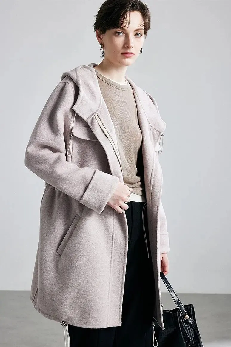 100 Wool Zip Front Double Faced Coat with Hood