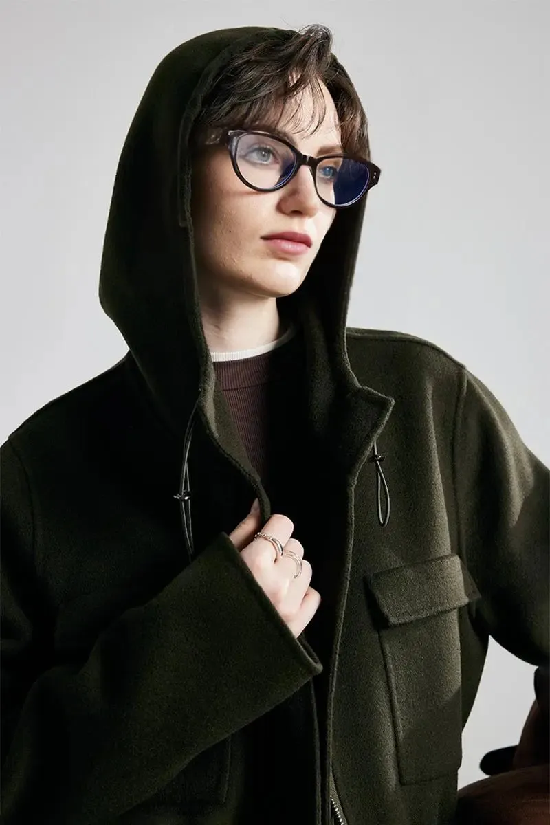 100 Wool Zip Front Double Faced Coat with Hood