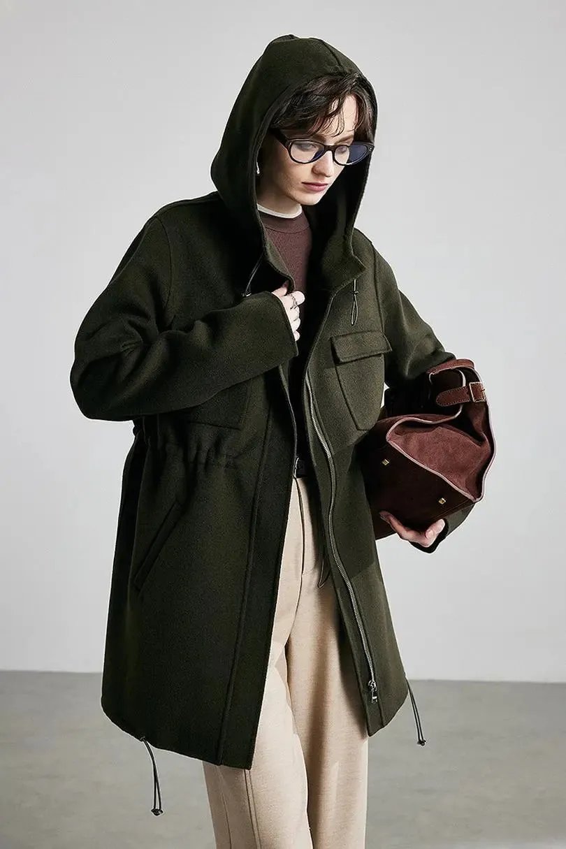 100 Wool Zip Front Double Faced Coat with Hood