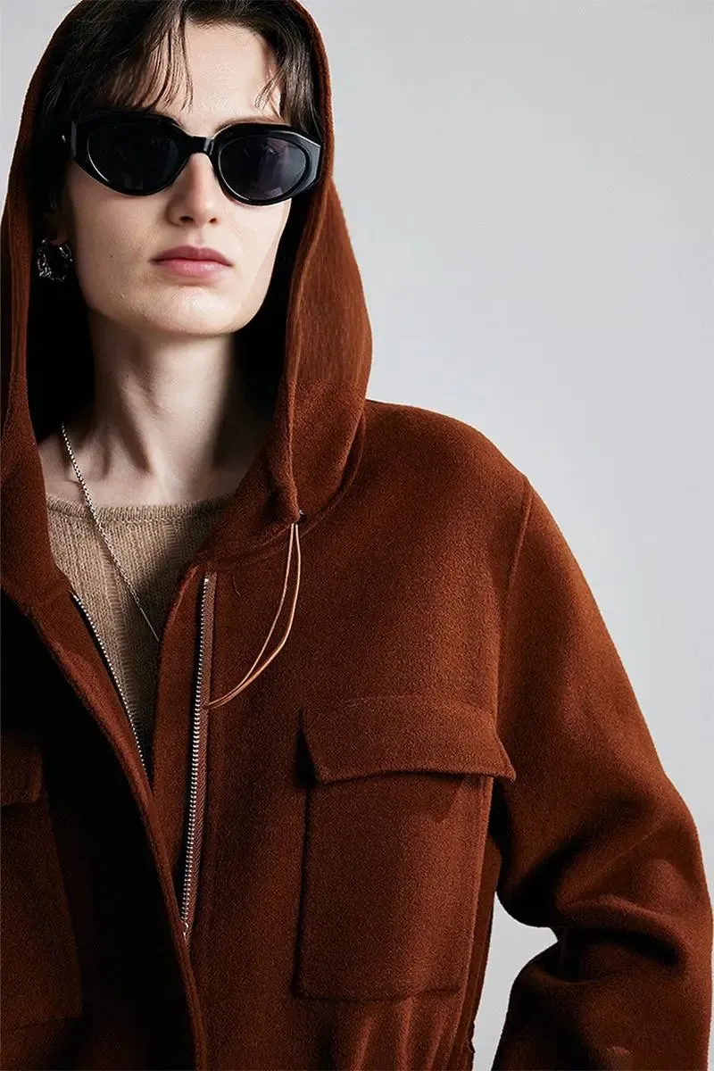100 Wool Zip Front Double Faced Coat with Hood