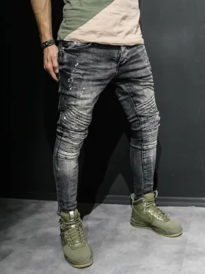 2Y Men Skinny Fit Ripped Destroyed Paint Short Jeans - Washed Black