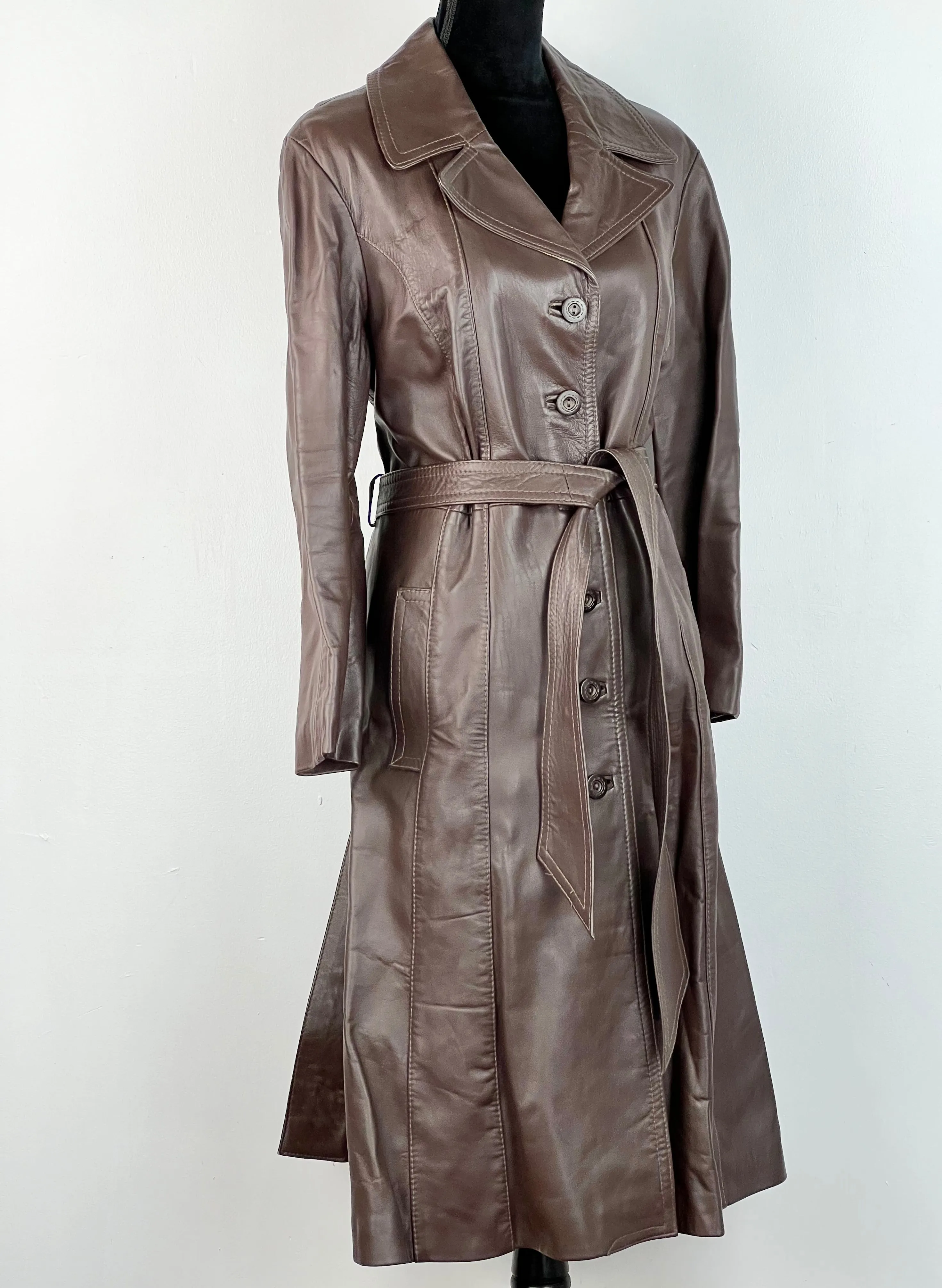 70s Brown Leather Belted Midi Coat - AU12