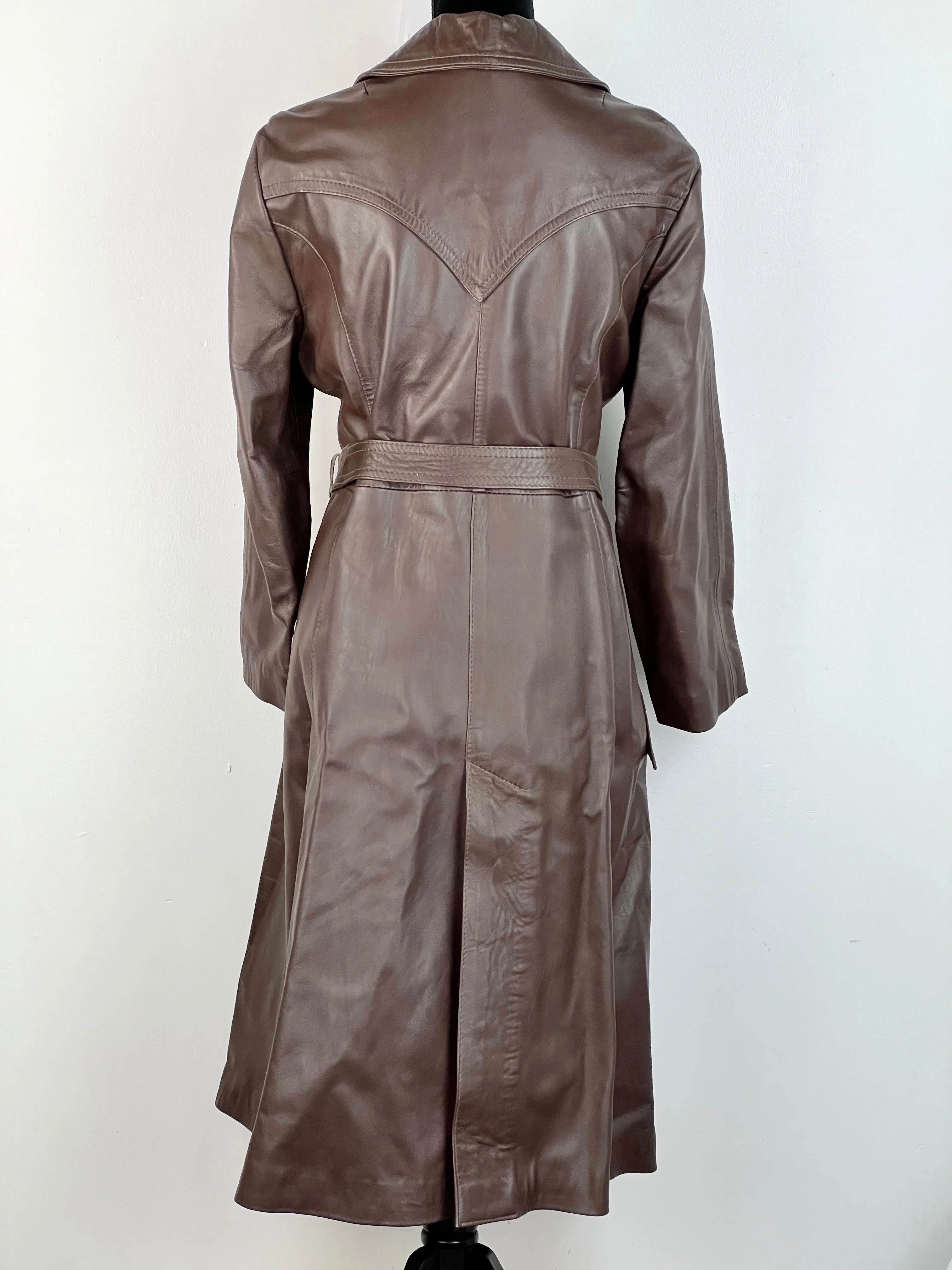 70s Brown Leather Belted Midi Coat - AU12