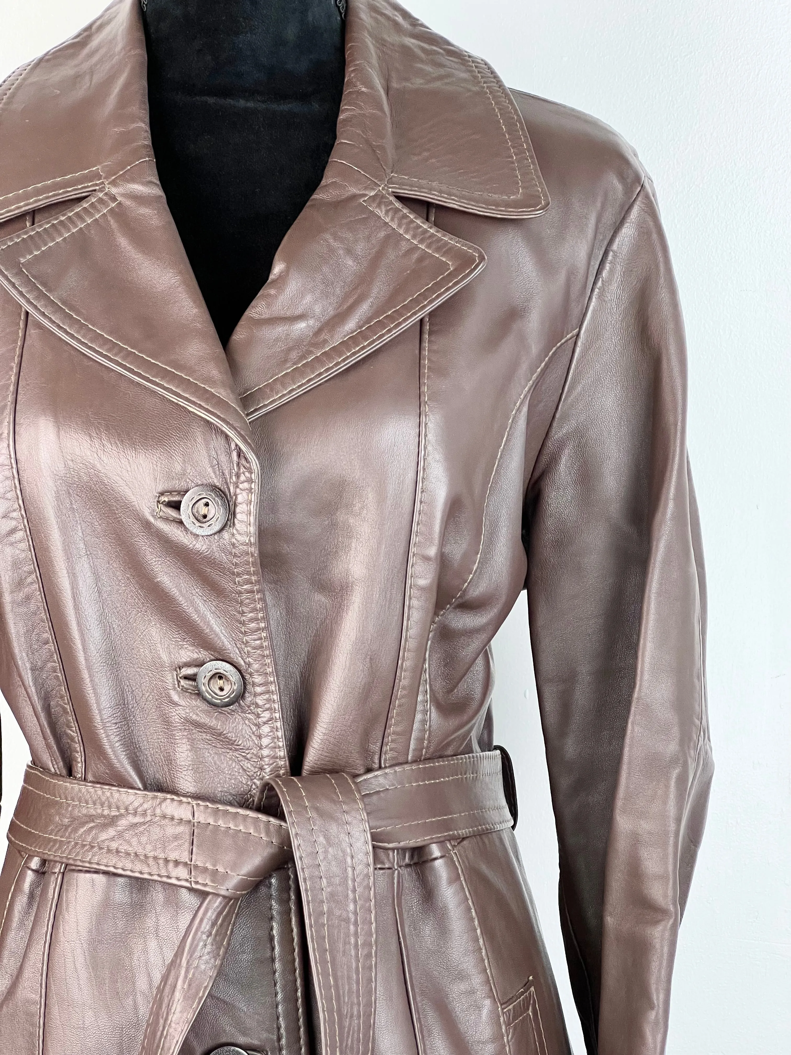 70s Brown Leather Belted Midi Coat - AU12