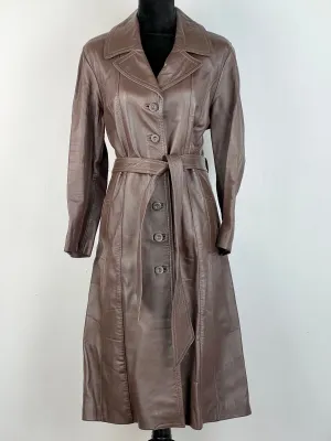 70s Brown Leather Belted Midi Coat - AU12