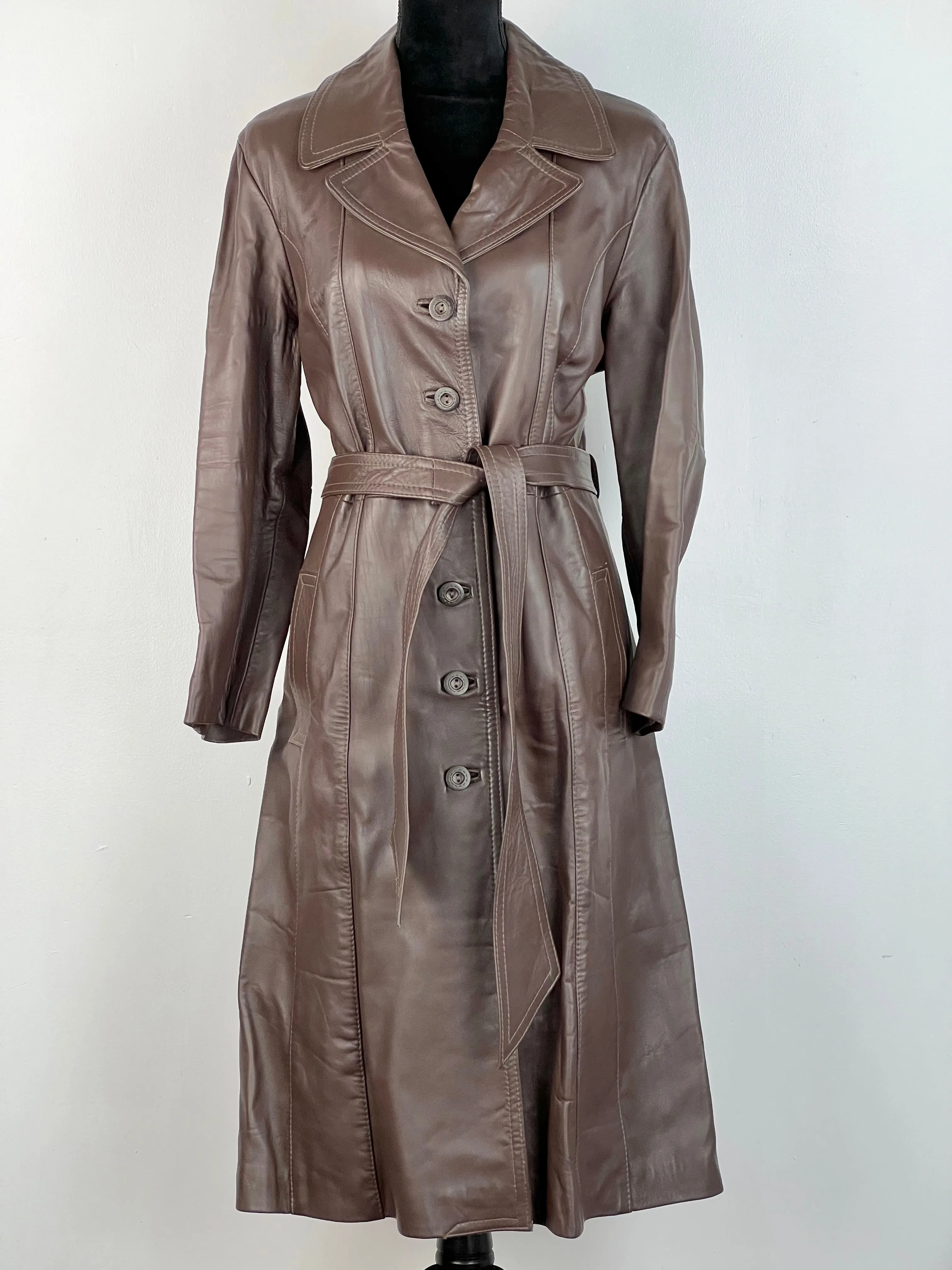 70s Brown Leather Belted Midi Coat - AU12