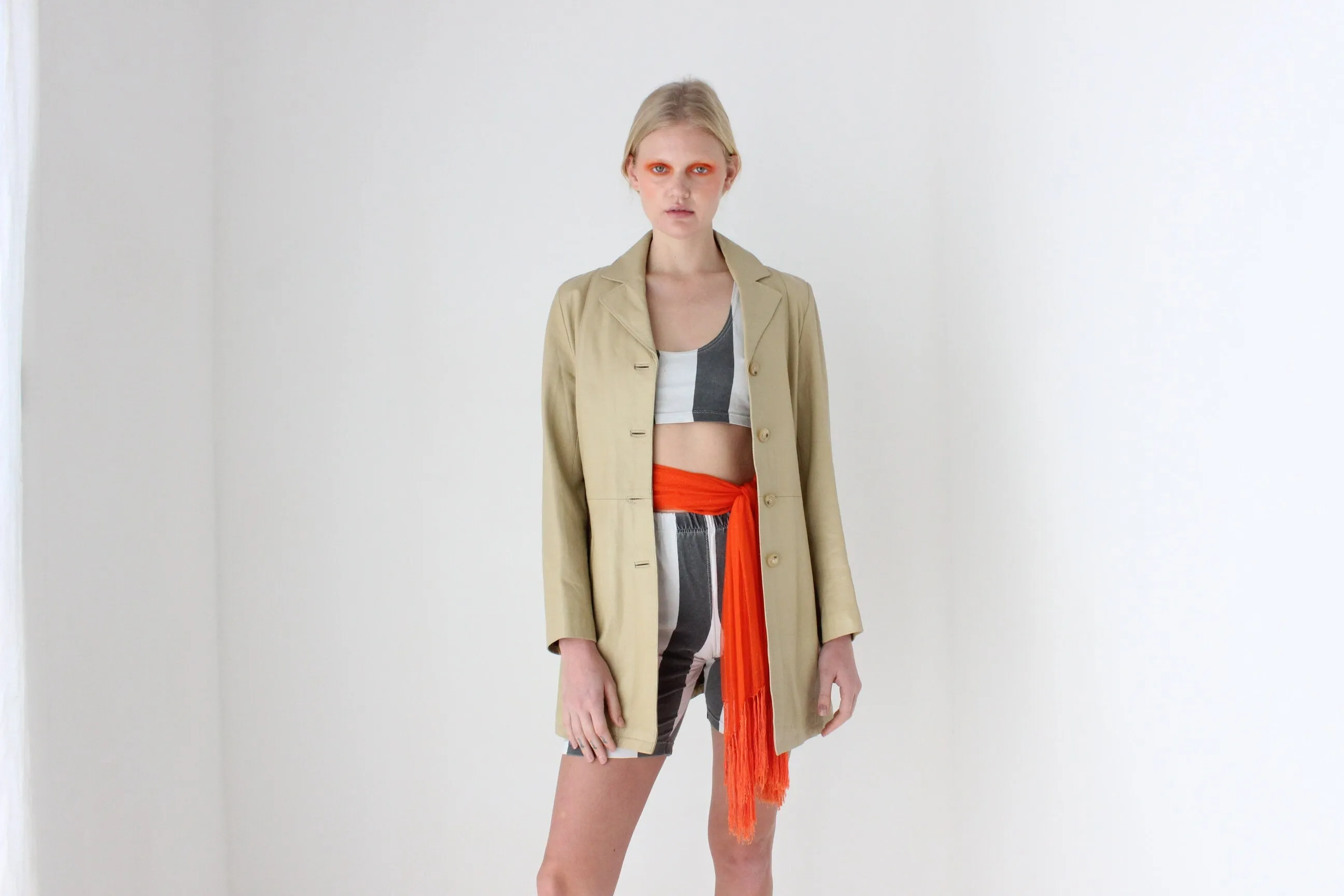 90s Spanish Leather Minimal Beige Button Up Coat by Manuel Herrero, Madrid