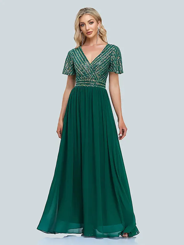 A-Line  Evening Gown Elegant Dress Floor Length Short Sleeve V Neck Sequined