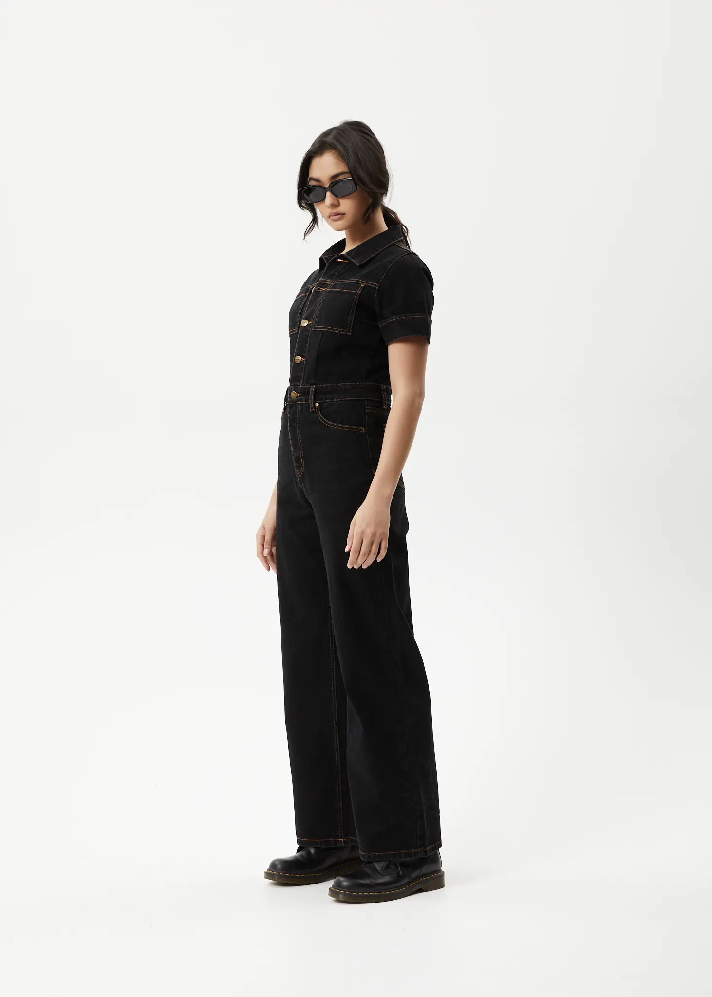 AFENDS Womens Estrella - Organic Denim Flared Leg Jumpsuit - Black