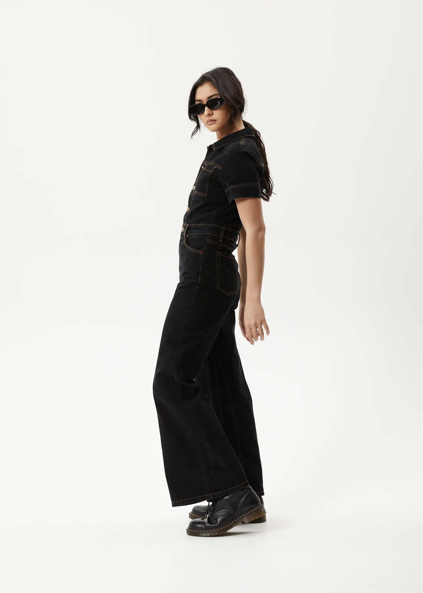 AFENDS Womens Estrella - Organic Denim Flared Leg Jumpsuit - Black