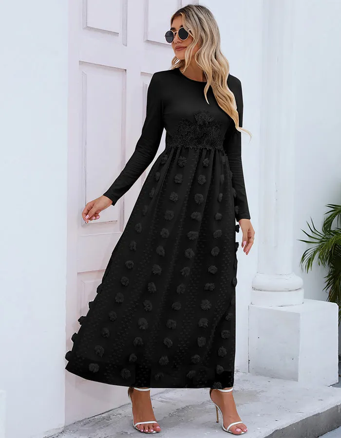 ALLOVIN Women's Long Sleeve Hollow Out Boho Maxi Dress Flowy Casual Long Tulle Dress with Pockets Black