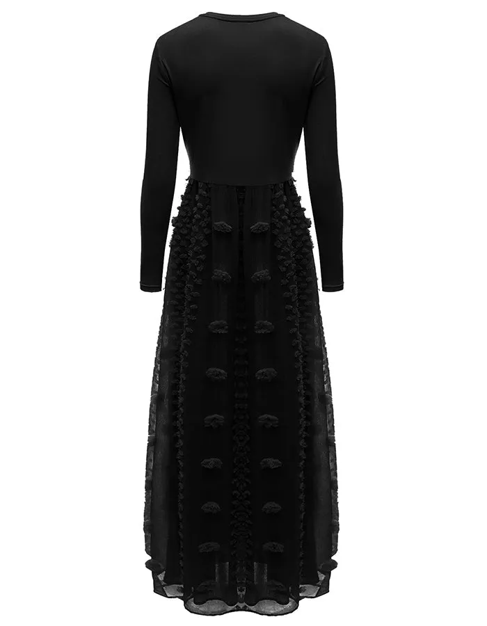 ALLOVIN Women's Long Sleeve Hollow Out Boho Maxi Dress Flowy Casual Long Tulle Dress with Pockets Black