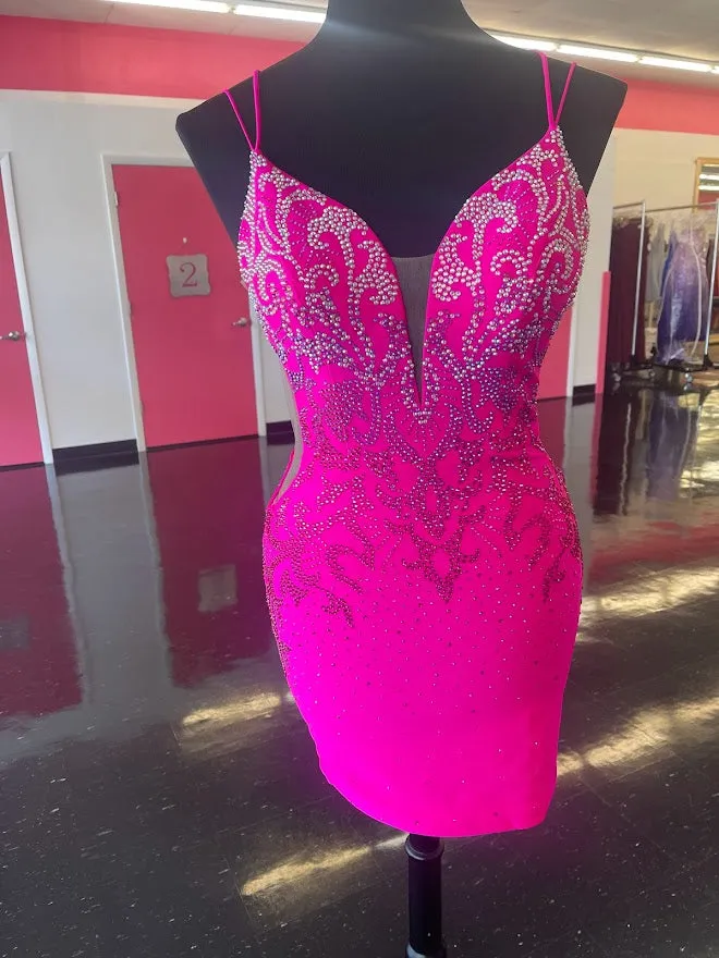 Amarra 87148 Size 4 Bright Pink Short fitted Jersey Formal Cocktail Dress Embellished Backless Corset Gown