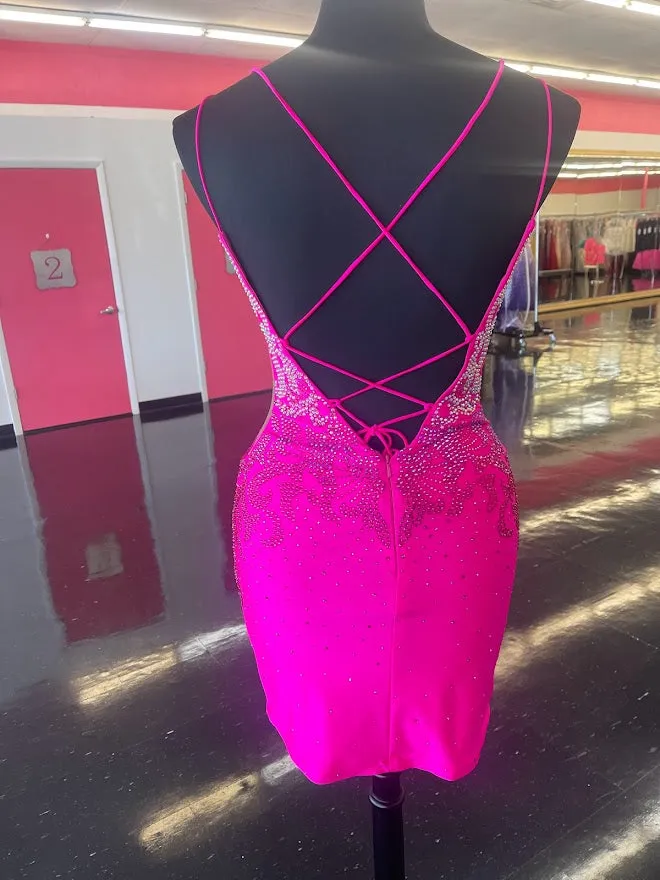 Amarra 87148 Size 4 Bright Pink Short fitted Jersey Formal Cocktail Dress Embellished Backless Corset Gown