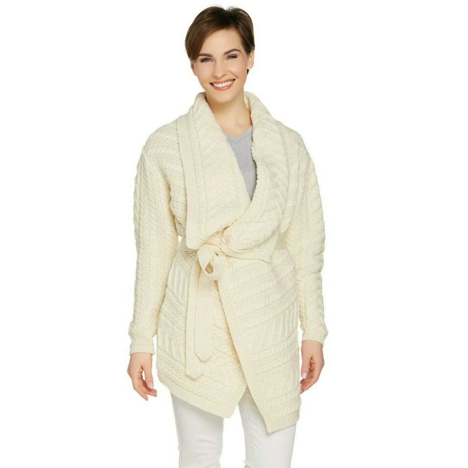Aran Craft Women's Merino Wool Cardigan with Waterfall Neckline. A290440