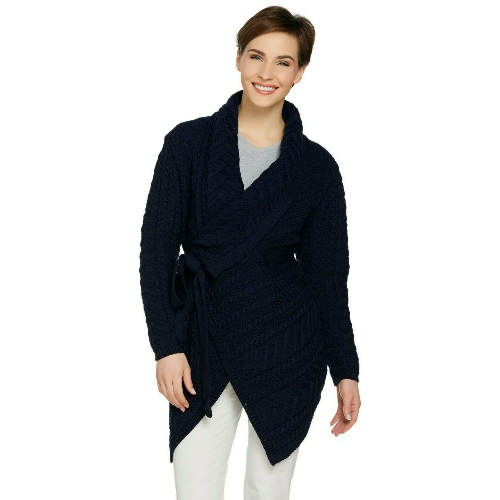 Aran Craft Women's Merino Wool Cardigan with Waterfall Neckline. A290440
