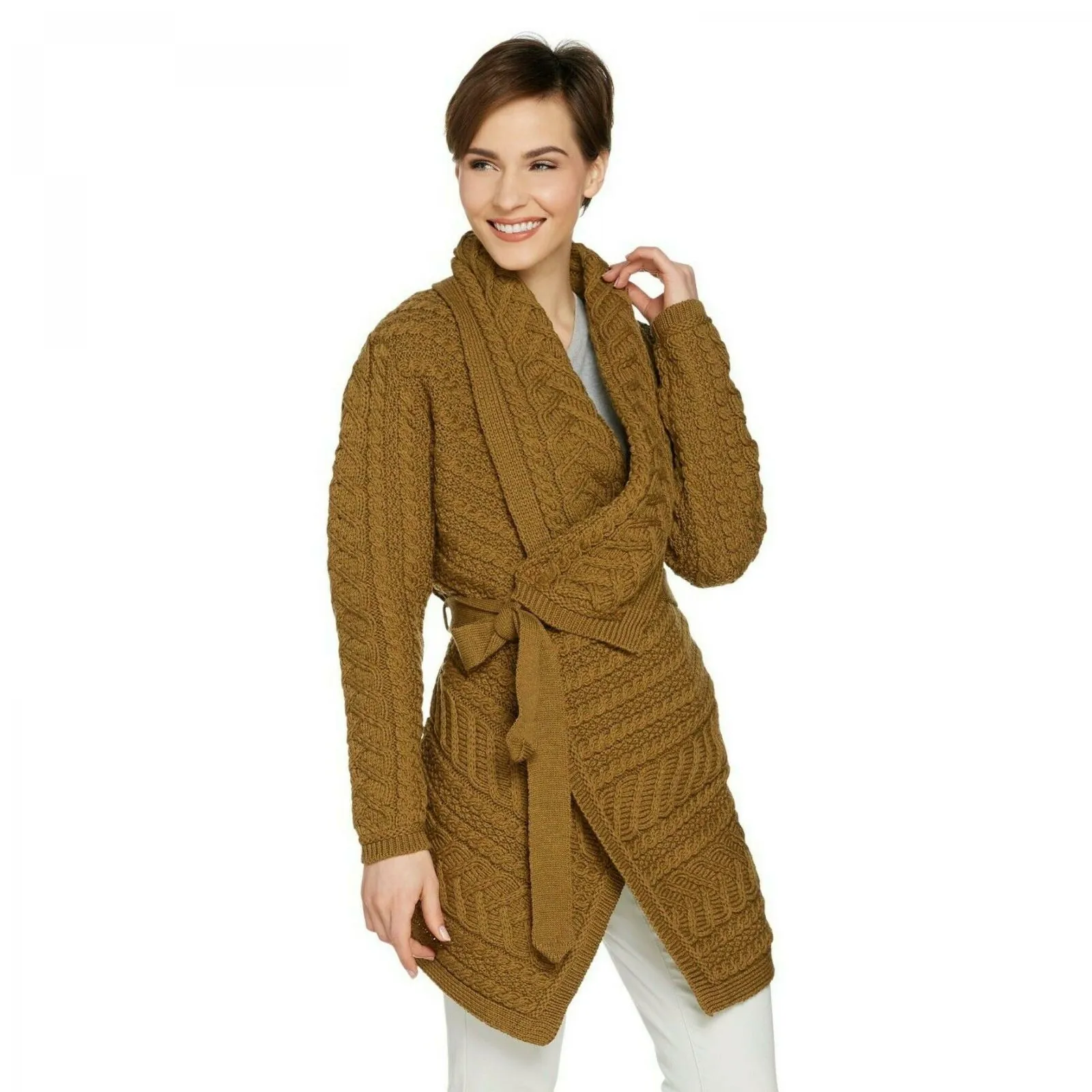 Aran Craft Women's Merino Wool Cardigan with Waterfall Neckline. A290440