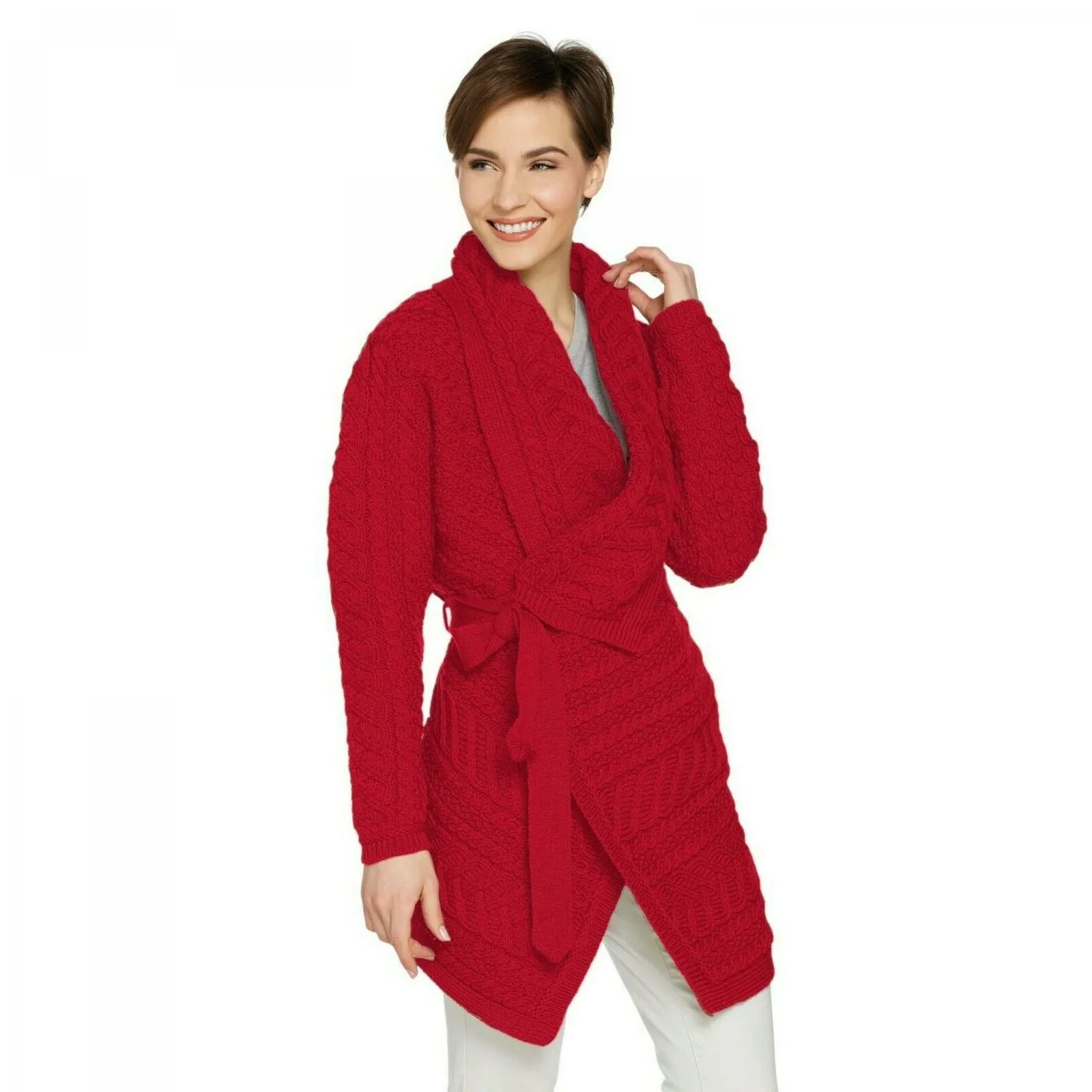 Aran Craft Women's Merino Wool Cardigan with Waterfall Neckline. A290440