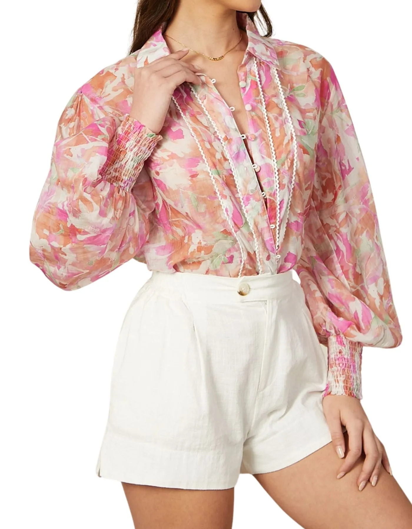 Arlena Long Sleeve Button Front Blouse in PInk Floral