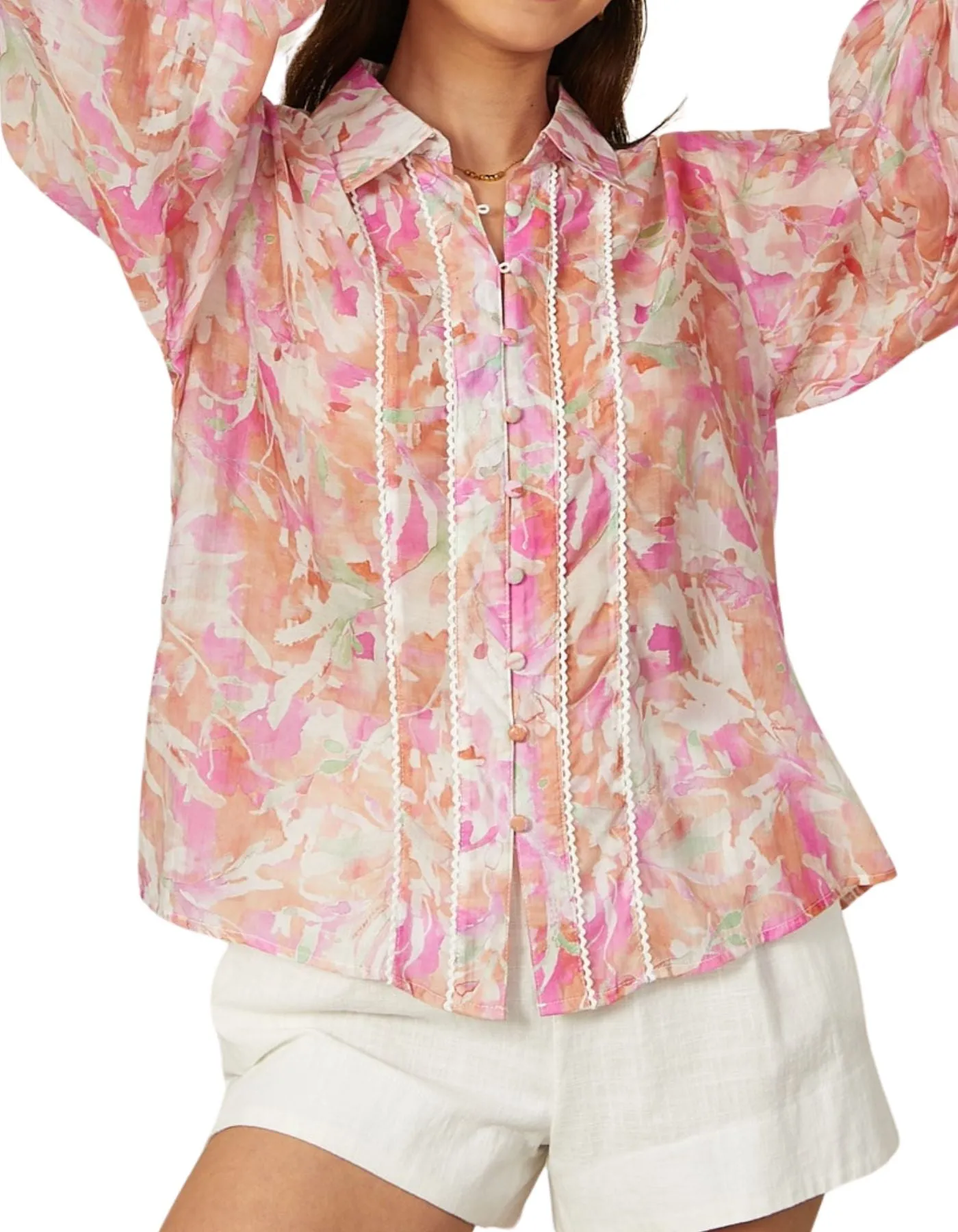 Arlena Long Sleeve Button Front Blouse in PInk Floral