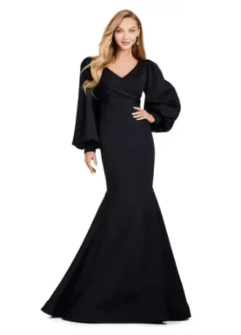 Ashley Lauren 11345 Long Evening Gown V-Neckline Dress with Bishop Sleeves Formal