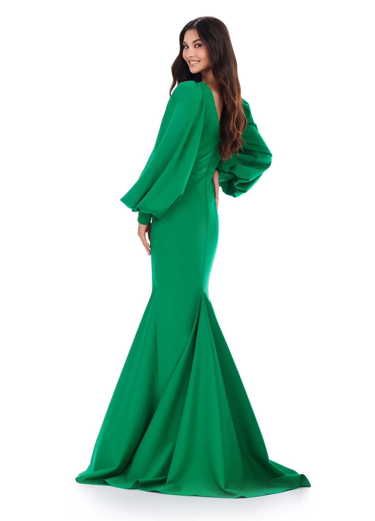Ashley Lauren 11345 Long Evening Gown V-Neckline Dress with Bishop Sleeves Formal
