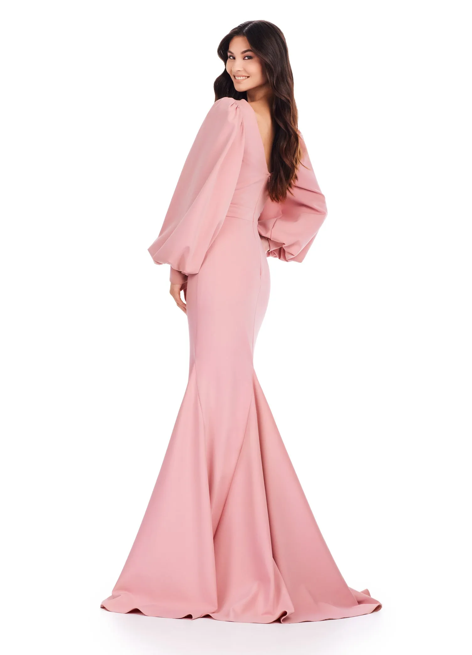 Ashley Lauren 11345 Long Evening Gown V-Neckline Dress with Bishop Sleeves Formal