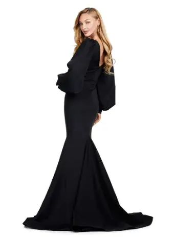 Ashley Lauren 11345 Long Evening Gown V-Neckline Dress with Bishop Sleeves Formal