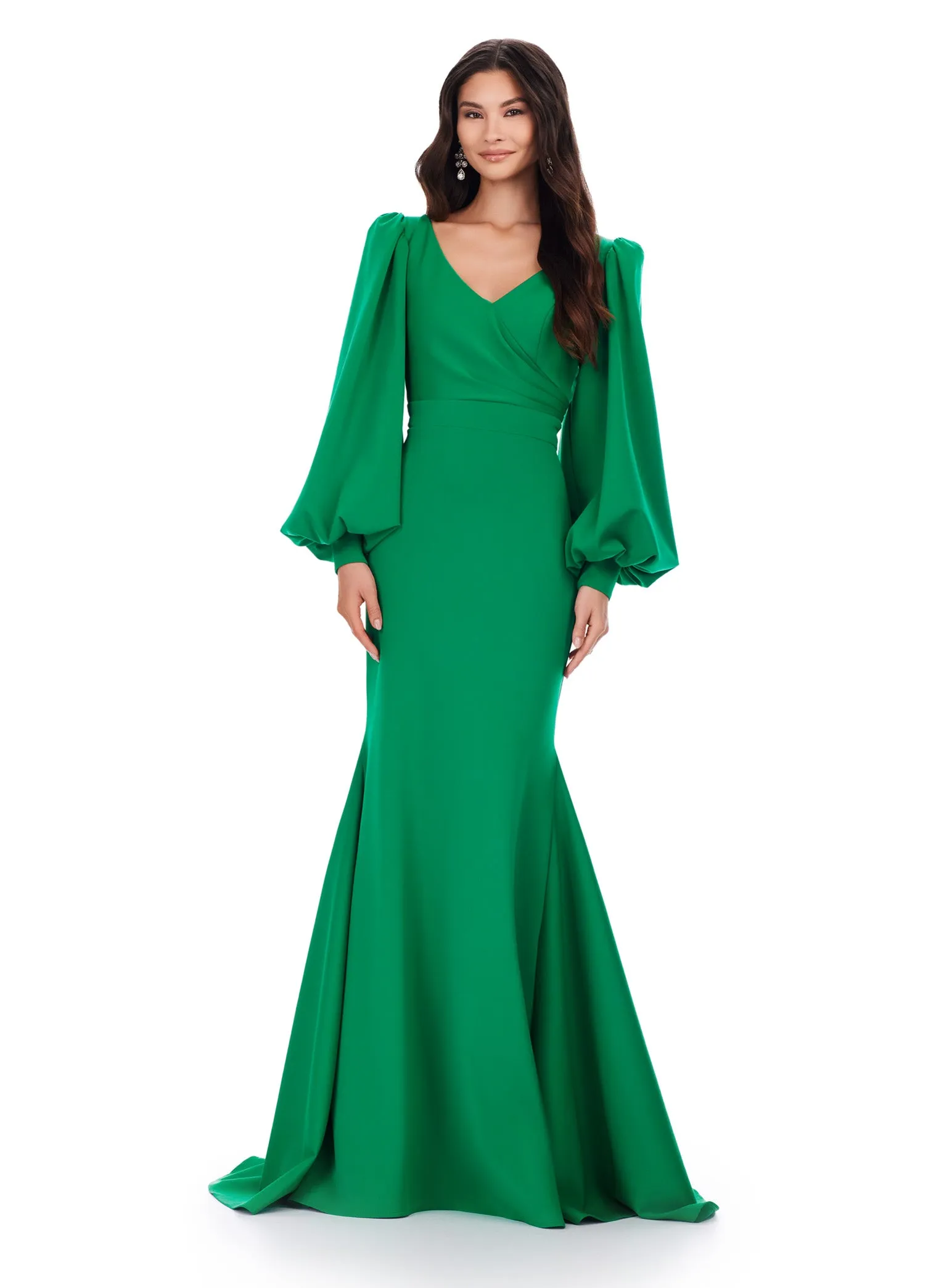 Ashley Lauren 11345 Long Evening Gown V-Neckline Dress with Bishop Sleeves Formal
