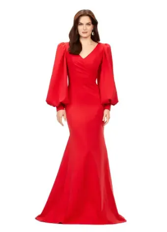 Ashley Lauren 11345 Long Evening Gown V-Neckline Dress with Bishop Sleeves Formal