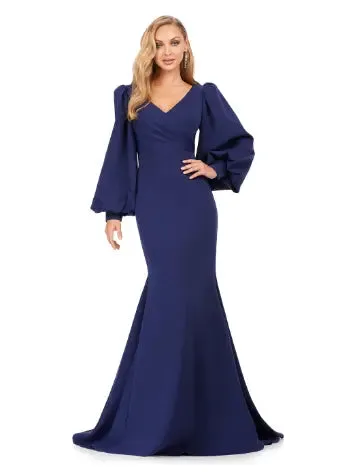 Ashley Lauren 11345 Long Evening Gown V-Neckline Dress with Bishop Sleeves Formal
