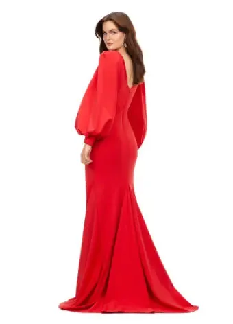 Ashley Lauren 11345 Long Evening Gown V-Neckline Dress with Bishop Sleeves Formal