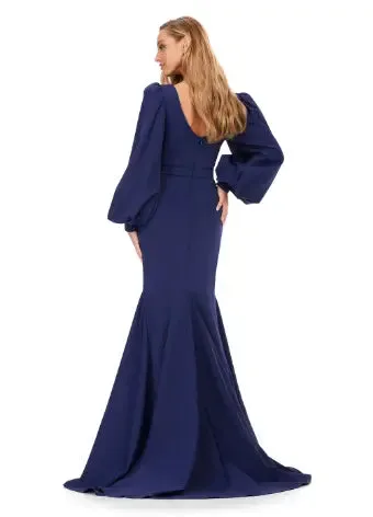Ashley Lauren 11345 Long Evening Gown V-Neckline Dress with Bishop Sleeves Formal