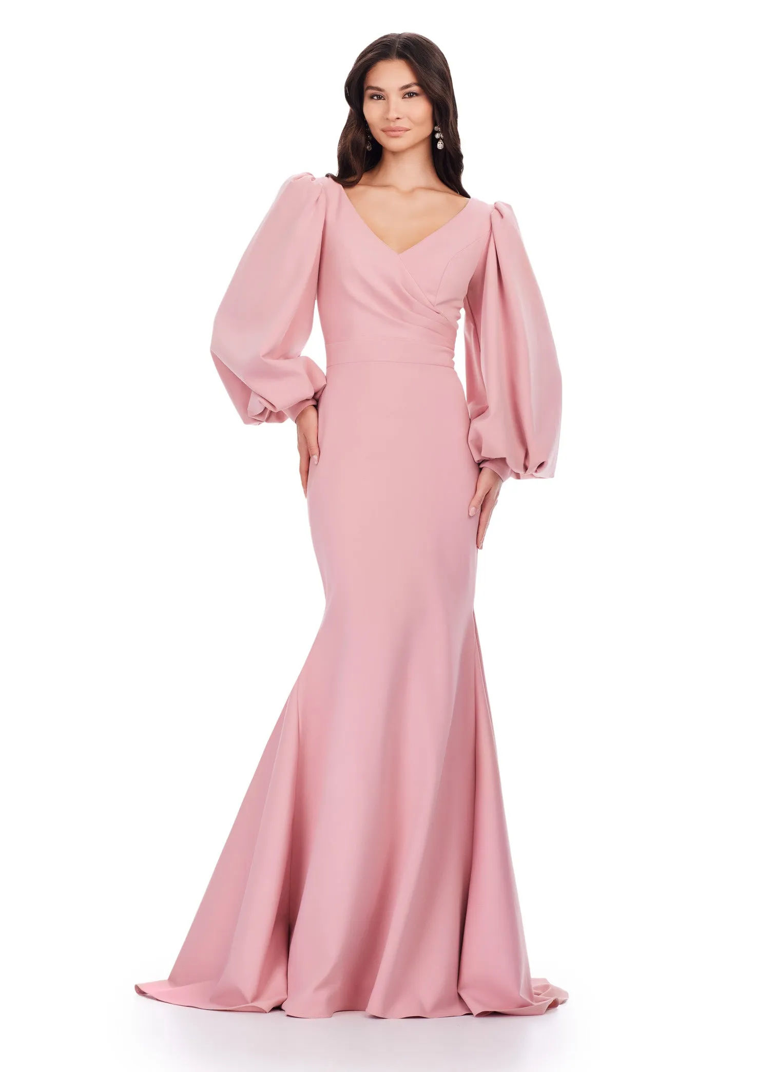 Ashley Lauren 11345 Long Evening Gown V-Neckline Dress with Bishop Sleeves Formal