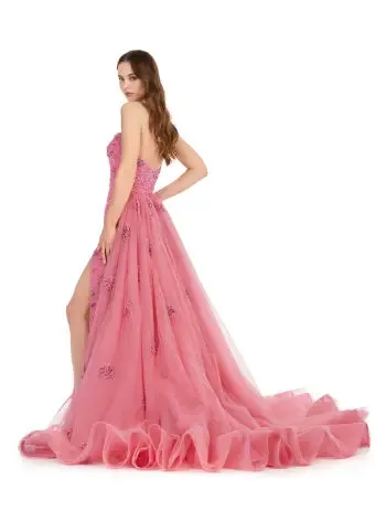 Ashley Lauren 11405 Long Prom Dress Strapless Fully Beaded Gown with Tulle Overskirt Formal Pageant Gown
