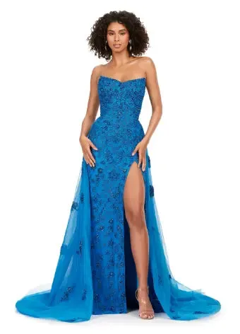 Ashley Lauren 11405 Long Prom Dress Strapless Fully Beaded Gown with Tulle Overskirt Formal Pageant Gown