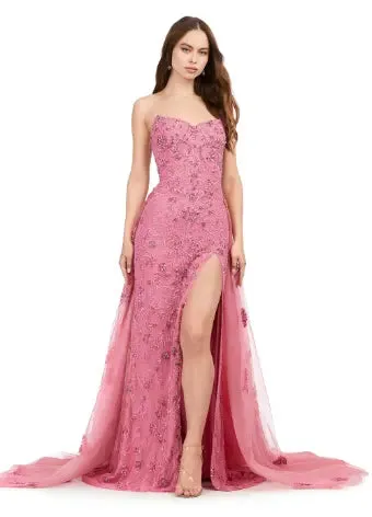 Ashley Lauren 11405 Long Prom Dress Strapless Fully Beaded Gown with Tulle Overskirt Formal Pageant Gown