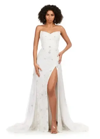 Ashley Lauren 11405 Long Prom Dress Strapless Fully Beaded Gown with Tulle Overskirt Formal Pageant Gown