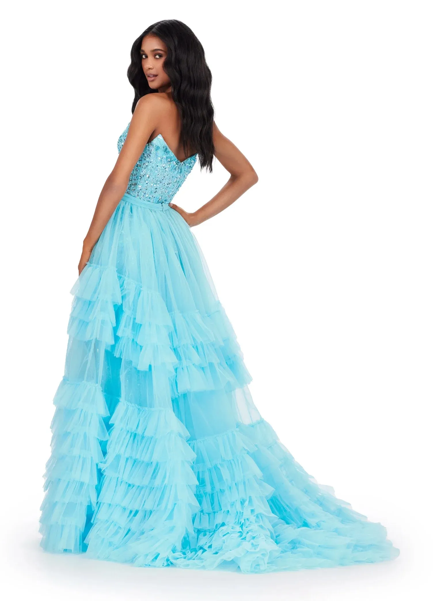 Ashley Lauren 11602 Size 12 Black Ruffle Tulle Detachable Overskirt Layer Ruffle Pageant Skirt Train Formal