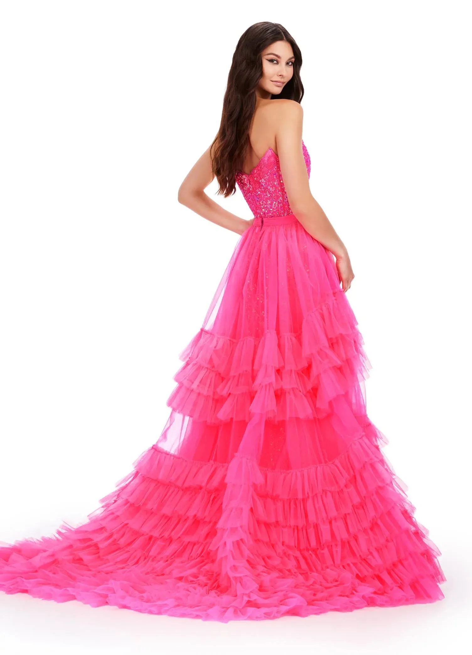 Ashley Lauren 11602 Size 12 Black Ruffle Tulle Detachable Overskirt Layer Ruffle Pageant Skirt Train Formal