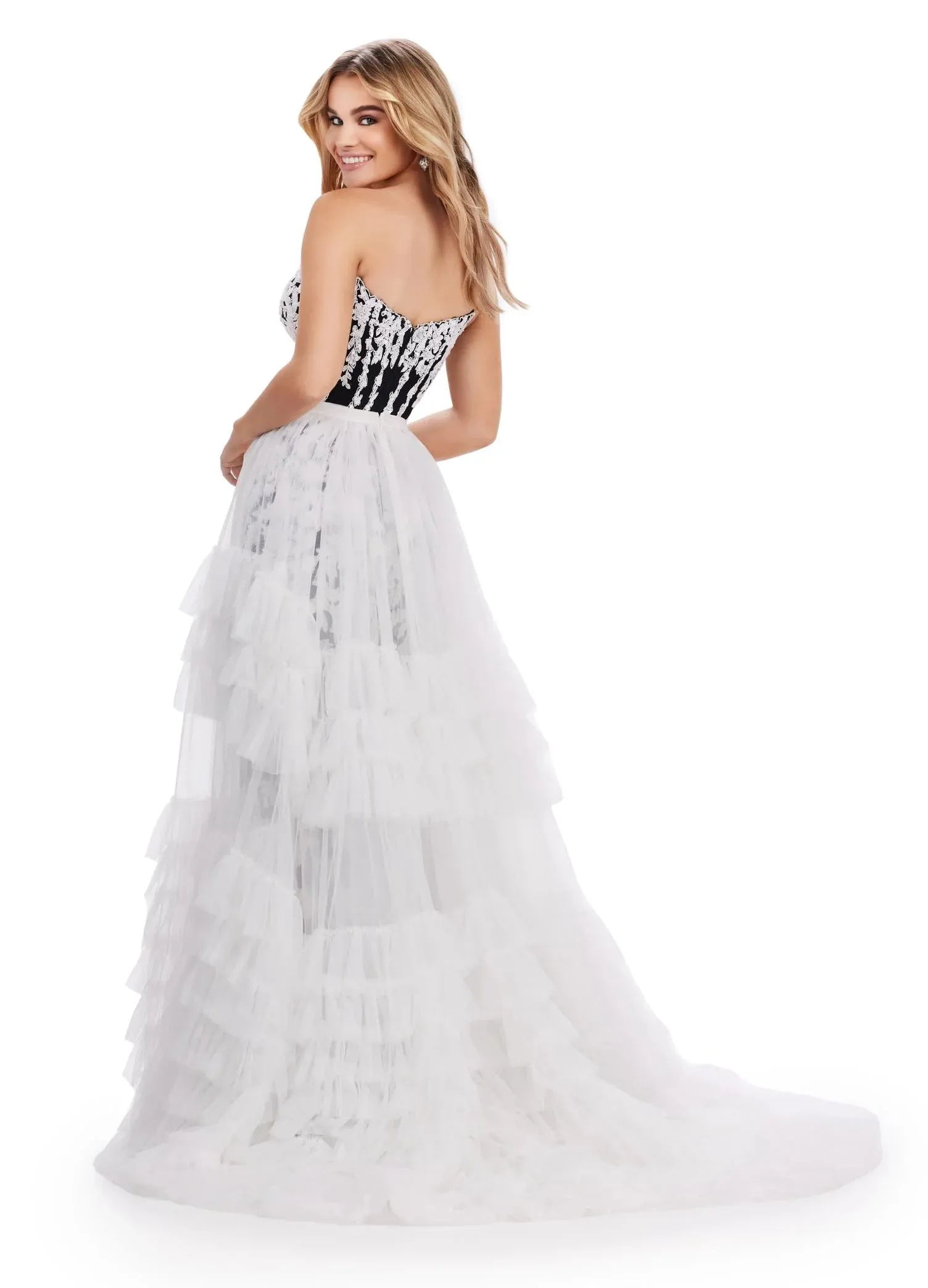 Ashley Lauren 11602 Size 12 Black Ruffle Tulle Detachable Overskirt Layer Ruffle Pageant Skirt Train Formal