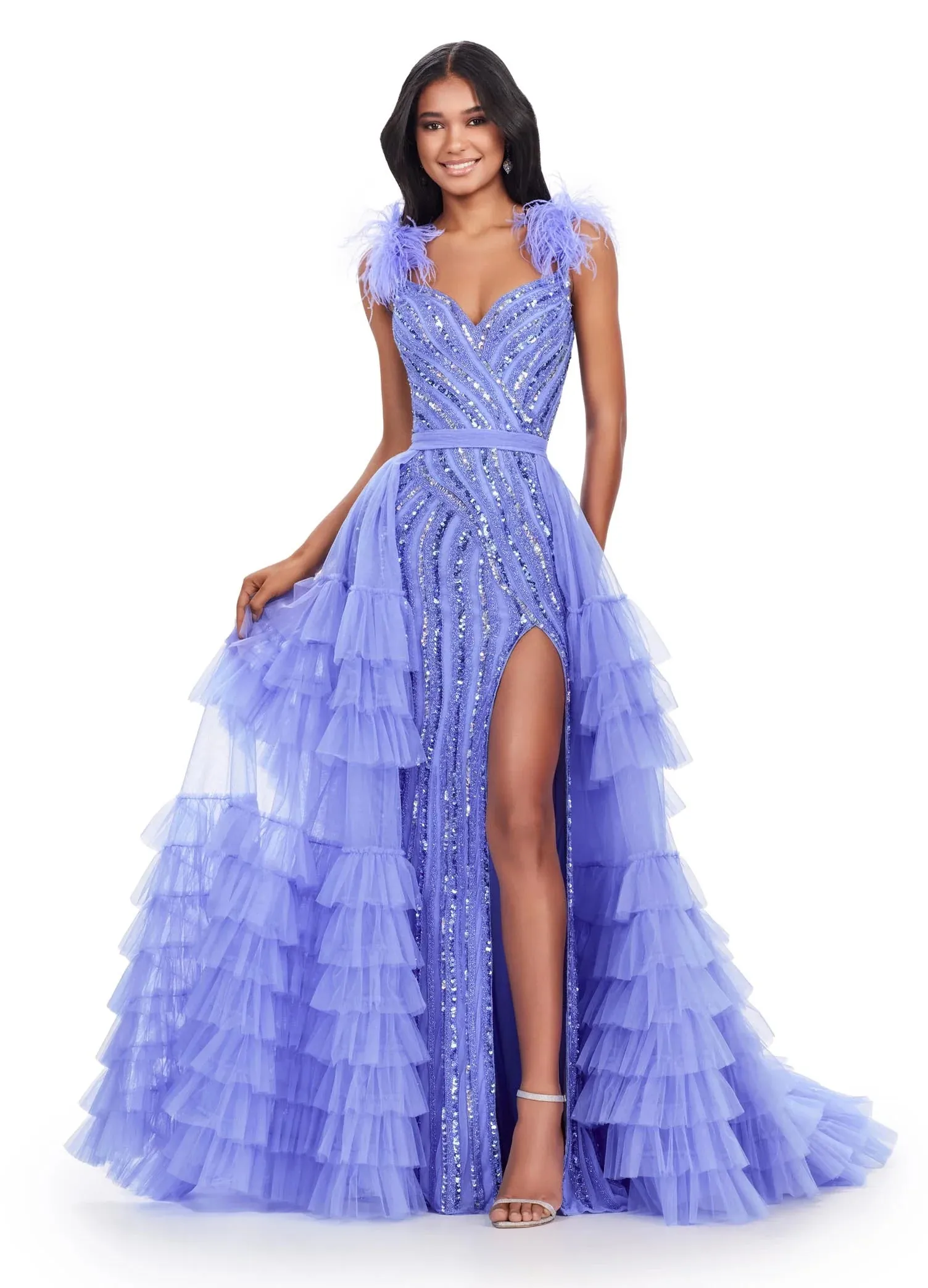 Ashley Lauren 11602 Size 12 Black Ruffle Tulle Detachable Overskirt Layer Ruffle Pageant Skirt Train Formal