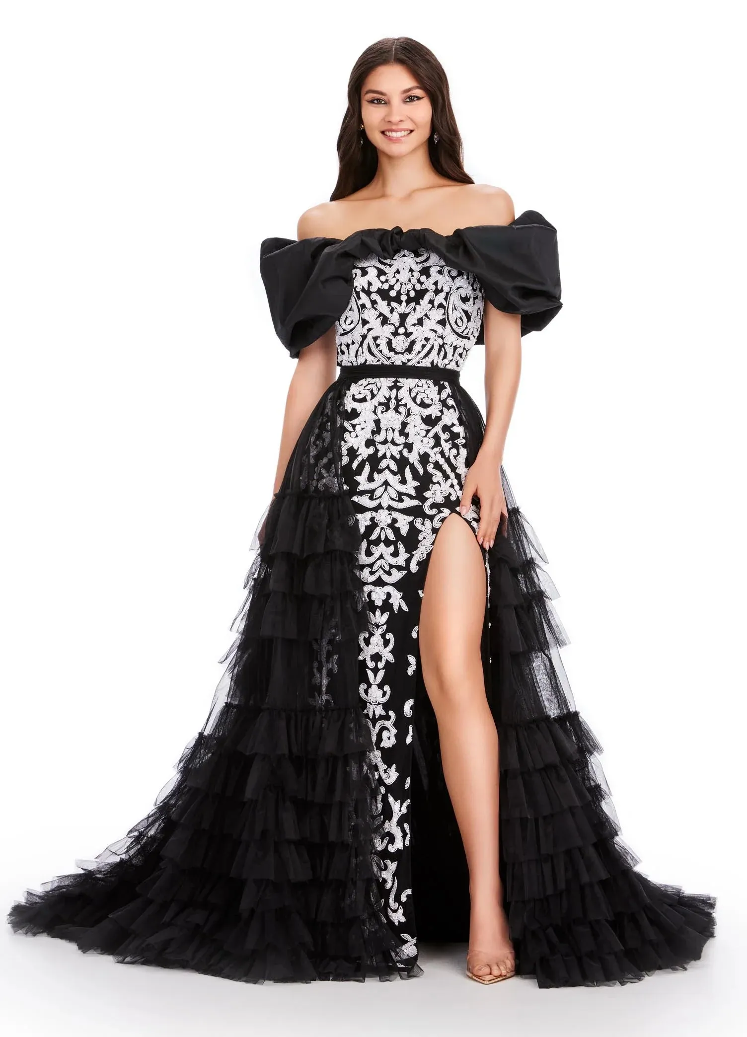 Ashley Lauren 11602 Size 12 Black Ruffle Tulle Detachable Overskirt Layer Ruffle Pageant Skirt Train Formal