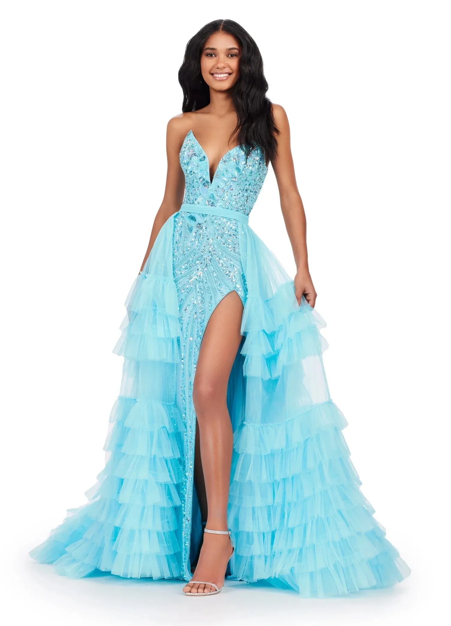Ashley Lauren 11602 Size 12 Black Ruffle Tulle Detachable Overskirt Layer Ruffle Pageant Skirt Train Formal