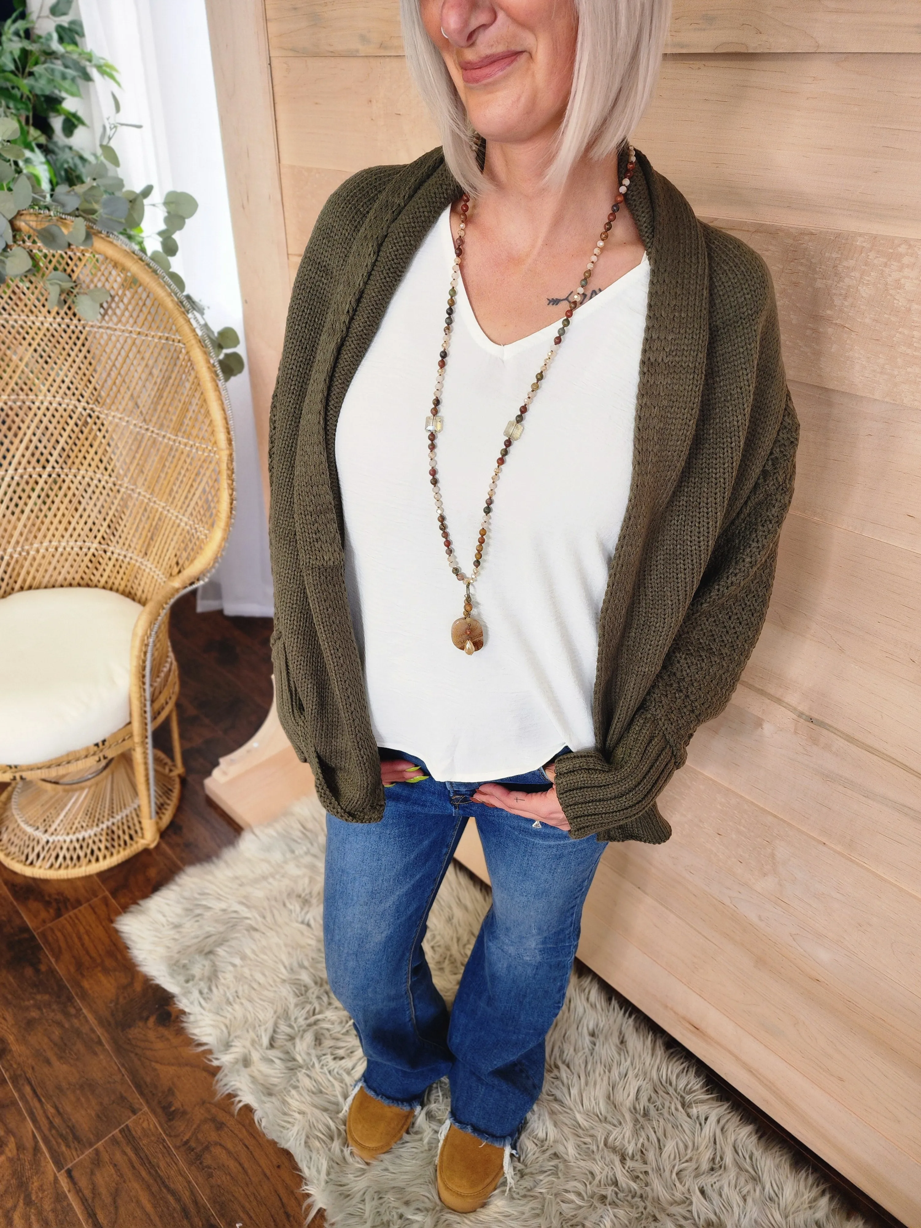 Bat Sleeve Knit Cardigan Olive *